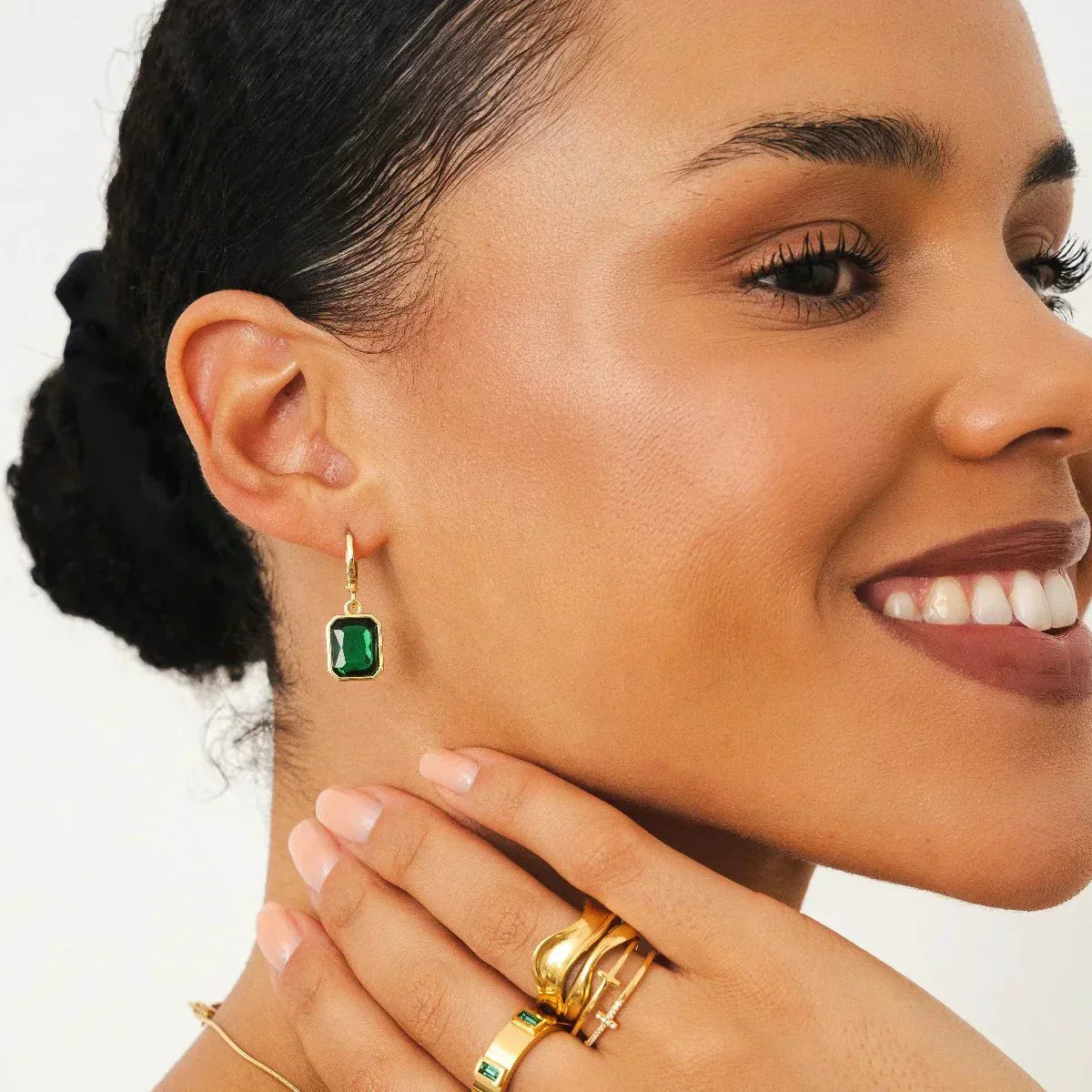 Green Crystal Hoop Earring - Gold