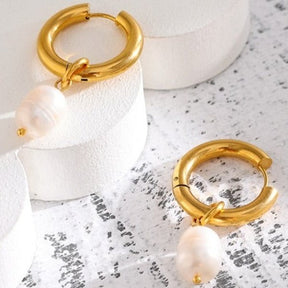 Pearl Pendant Hoop Earrings - Gold