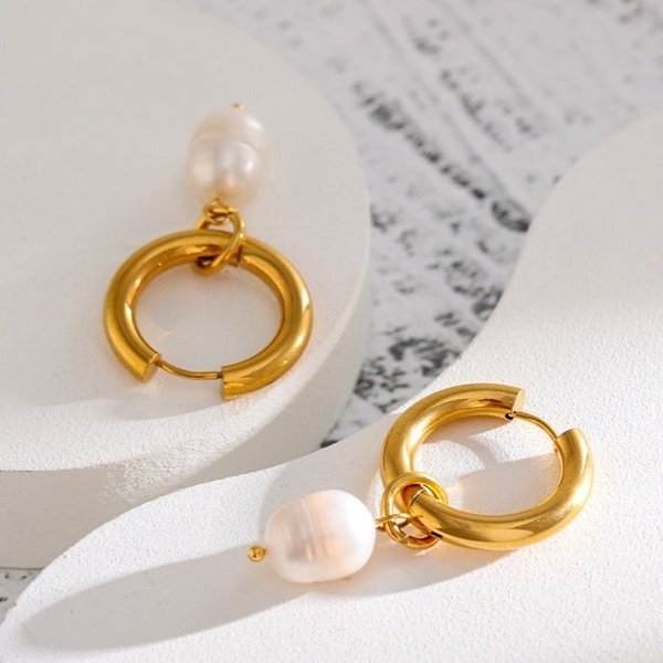 Pearl Pendant Hoop Earrings - Gold