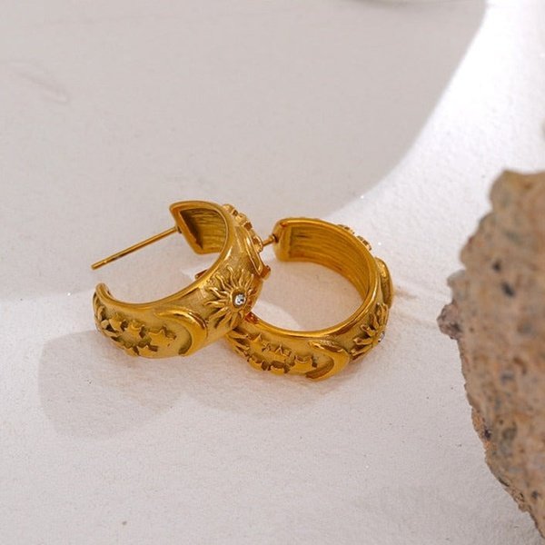 Moon and Stars Half Hoop Earrings - Gold