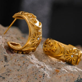 Moon and Stars Half Hoop Earrings - Gold