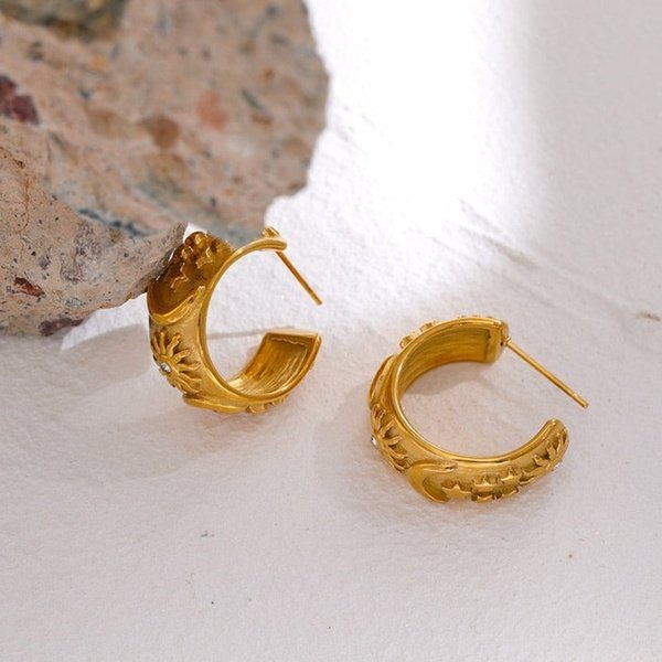 Moon and Stars Half Hoop Earrings - Gold