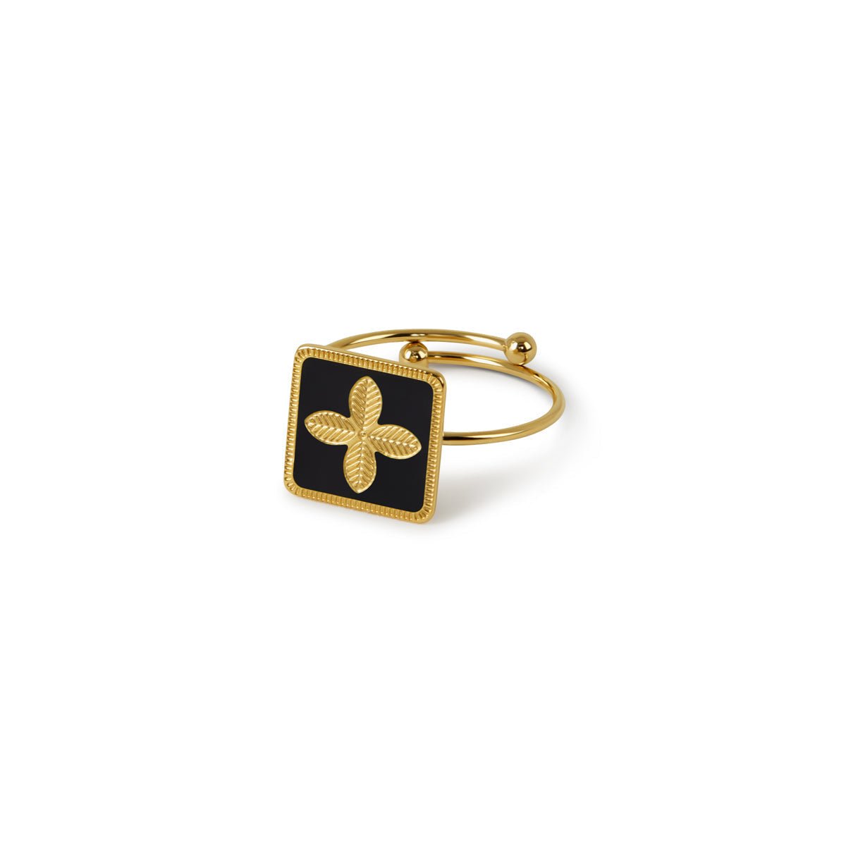 Black Four-Leaf Clover Ring - Gold (Adjustable)
