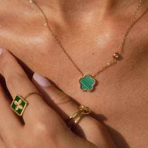 Green Four-Leaf Clover Ring - Gold (Adjustable)