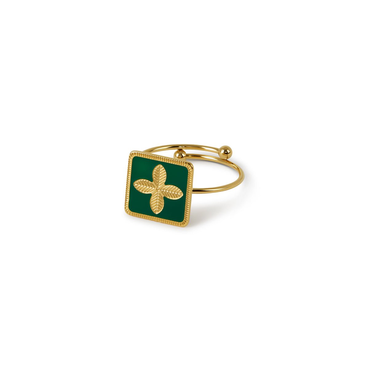 Green Four-Leaf Clover Ring - Gold (Adjustable)