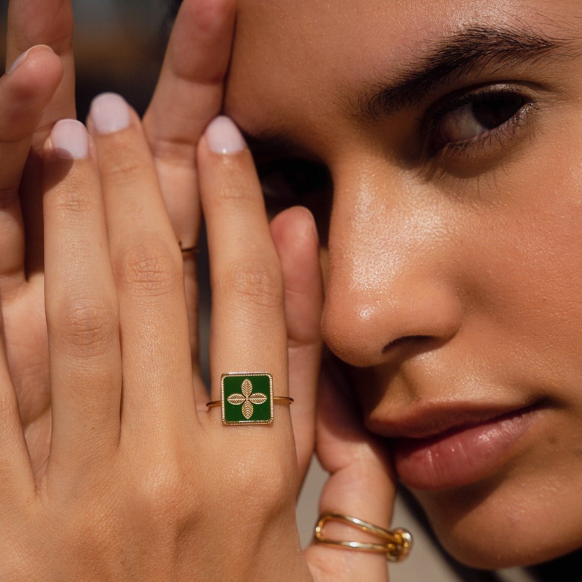 Green Four-Leaf Clover Ring - Gold (Adjustable)