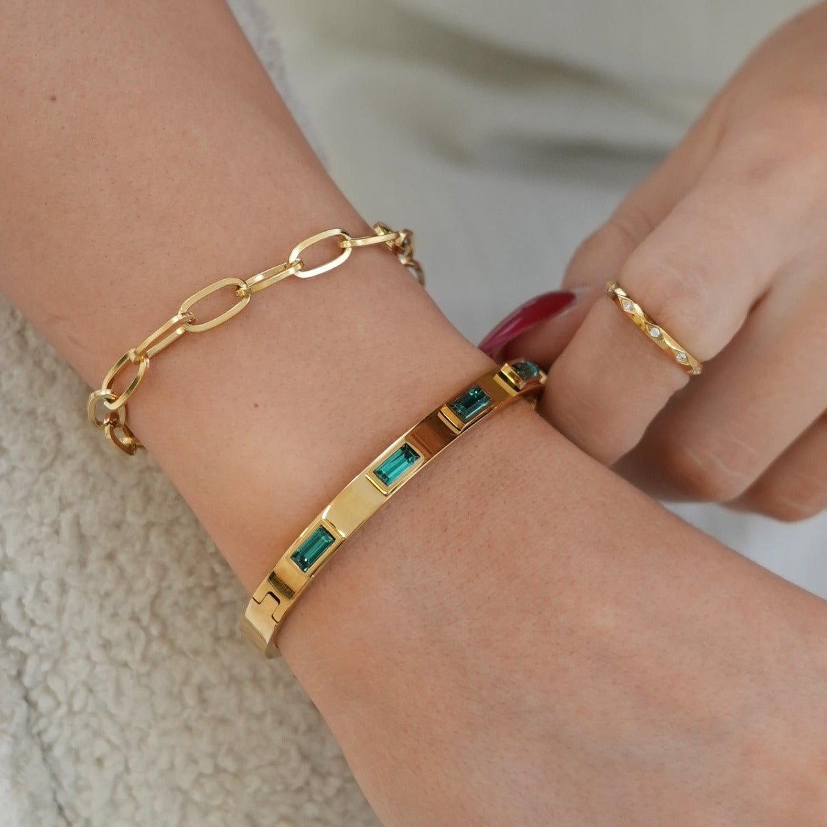Green Navette Crystal Bracelet - Gold