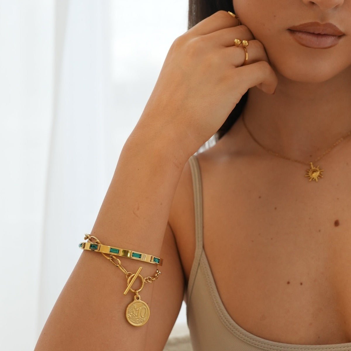 Green Navette Crystal Bracelet - Gold