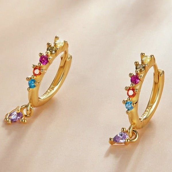 Colorful Crystal Hoop Earrings - Gold