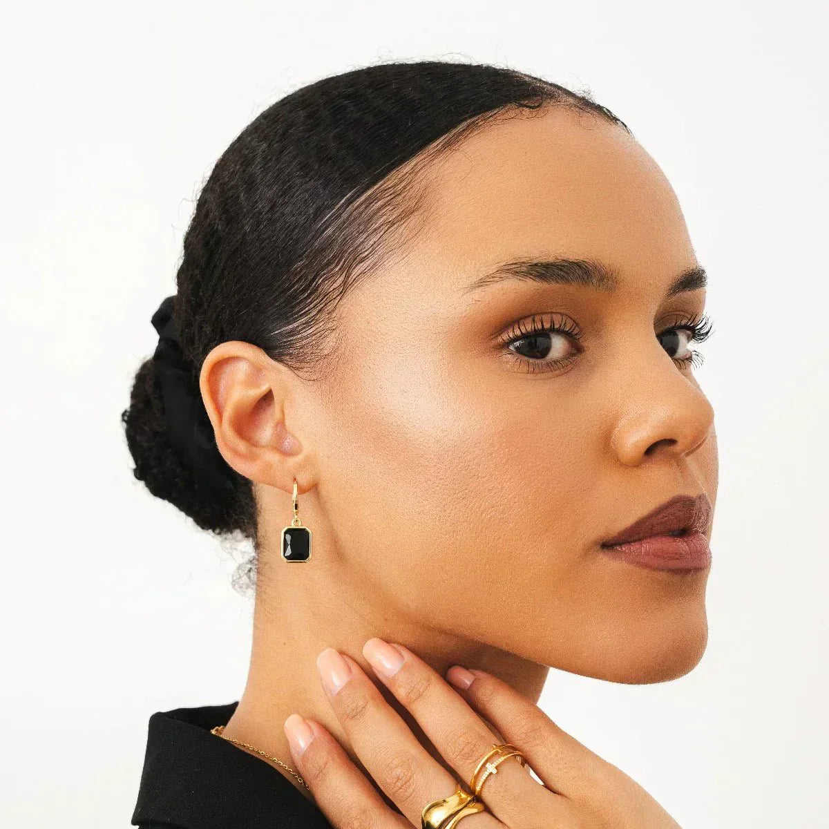 Black Crystal Hoop Earring - Gold