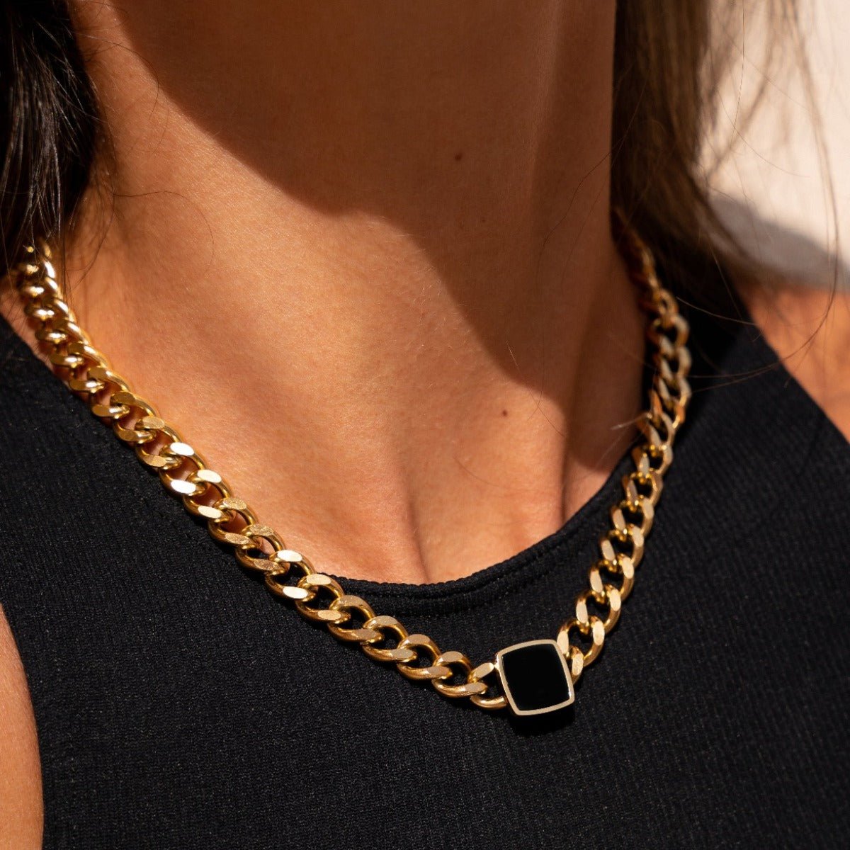 Square Onyx Stone Chain Necklace - Gold