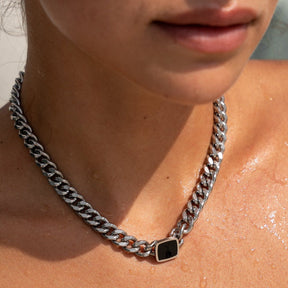 Square Onyx Stone Chain Necklace - Silver