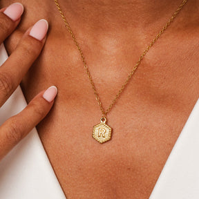 Hex Initial Letter Necklace - Gold