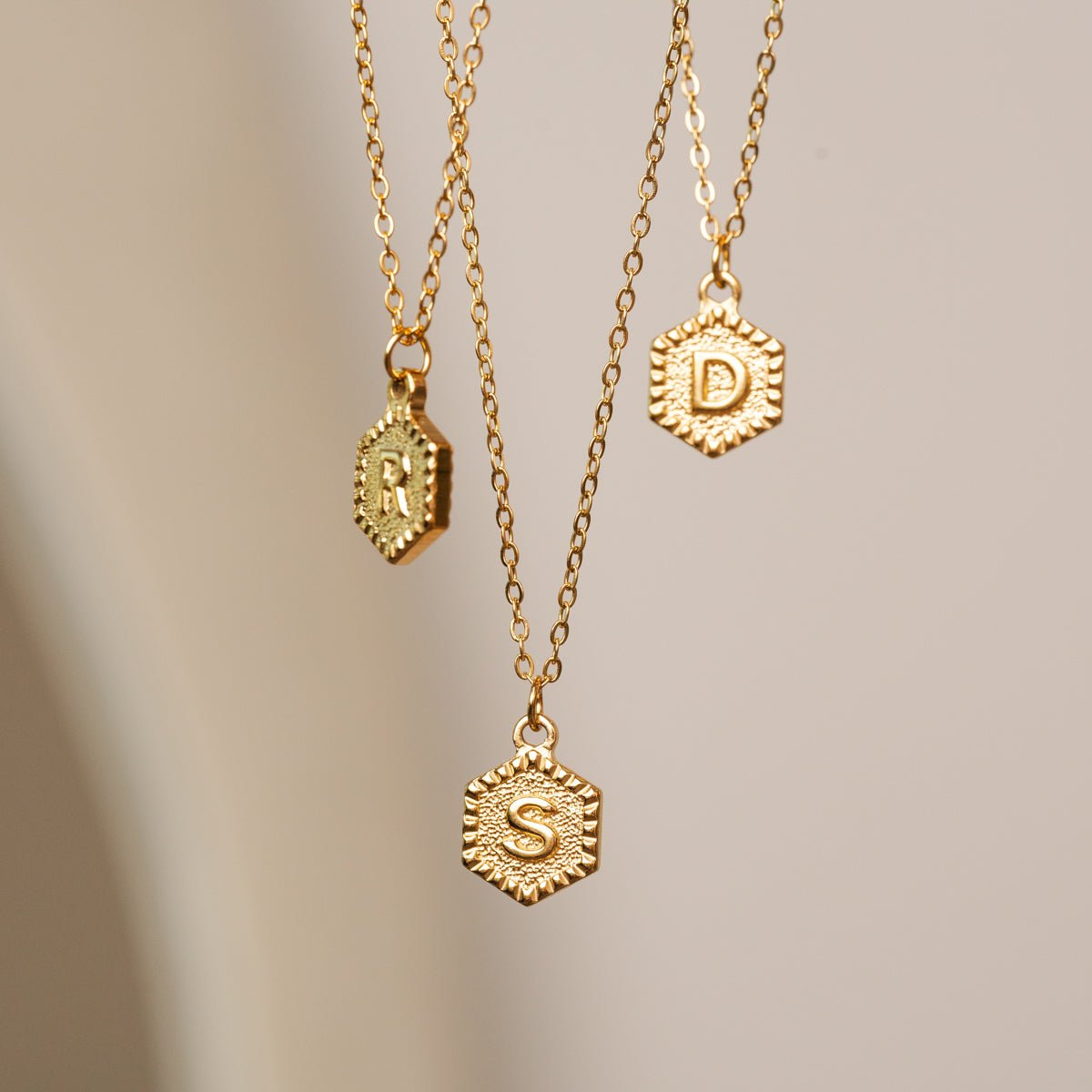 Hex Initial Letter Necklace - Gold