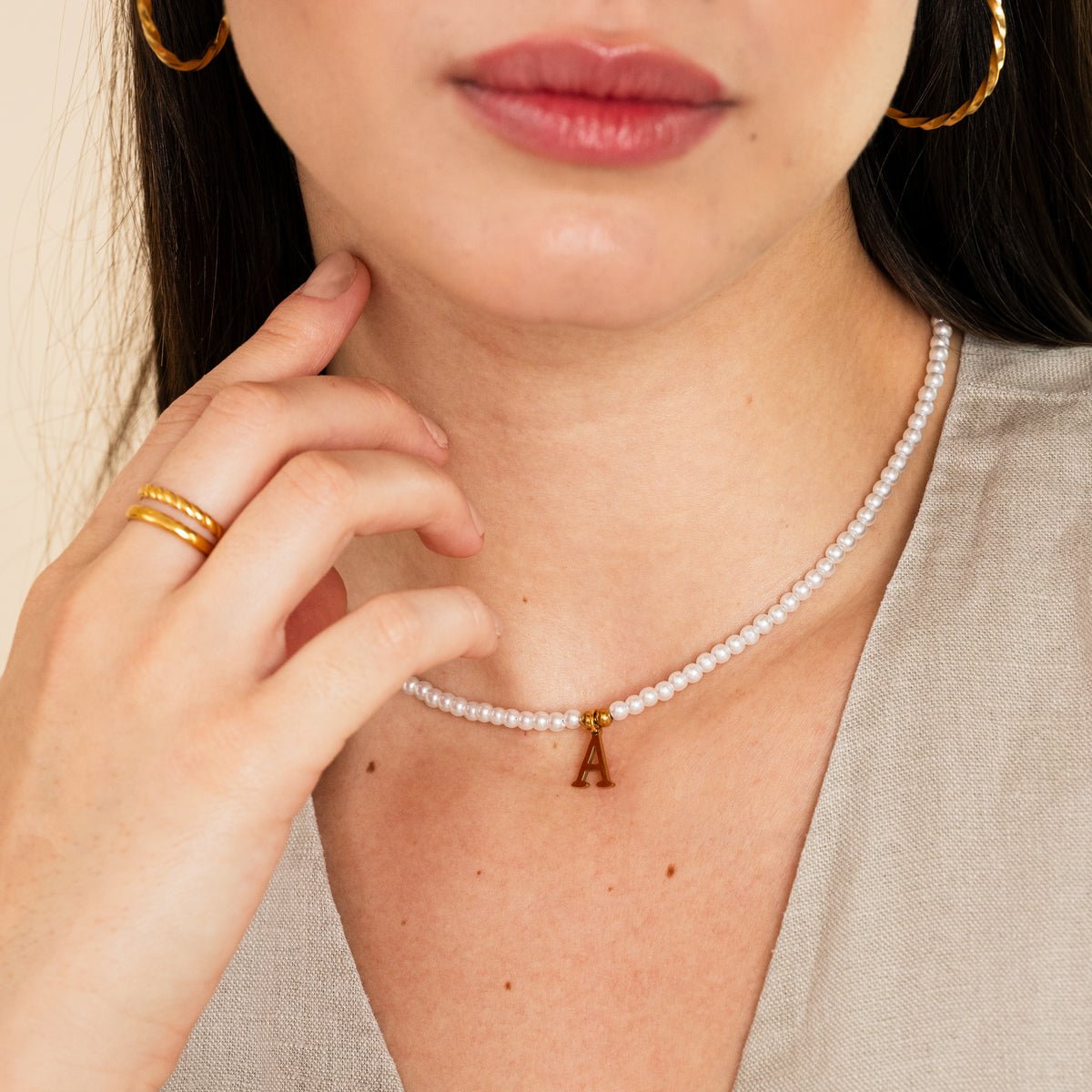 Initial Letter Pearl Necklace - Gold