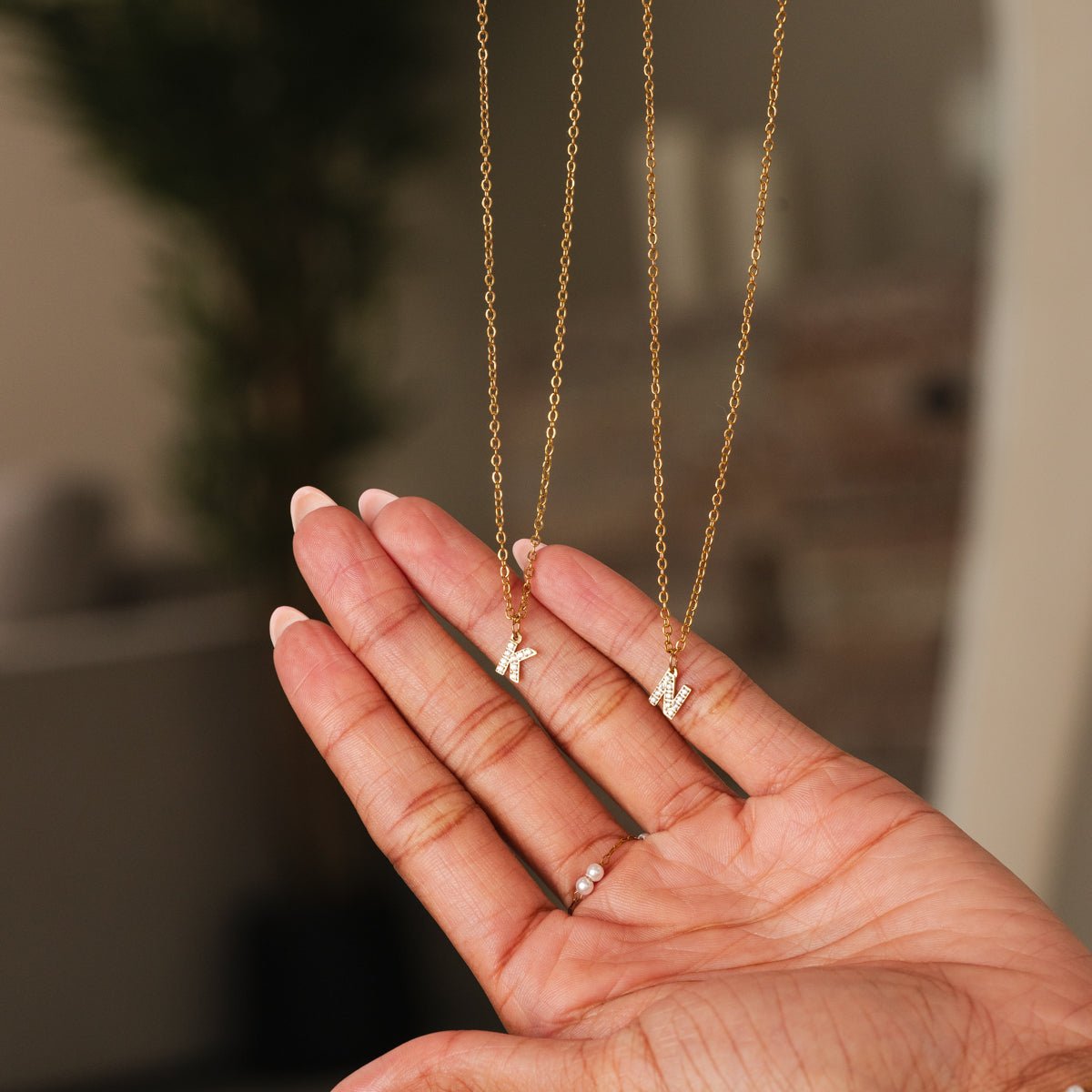 Initial Letter Necklace with Stone - Gold