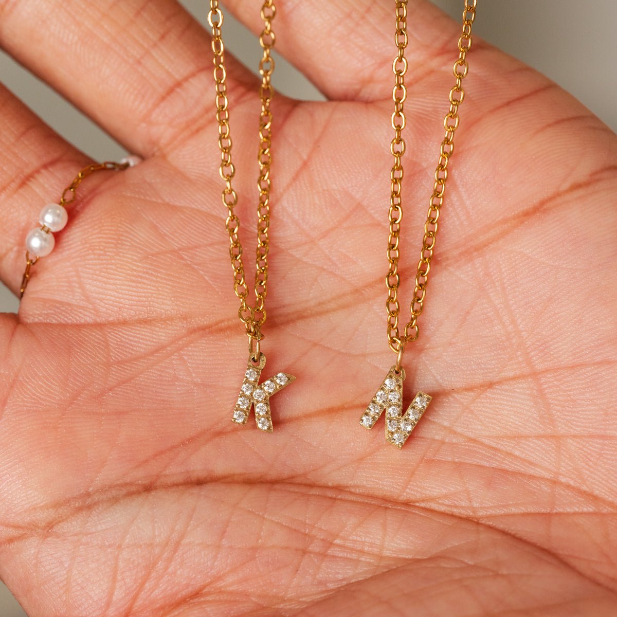 Initial Letter Necklace with Stone - Gold